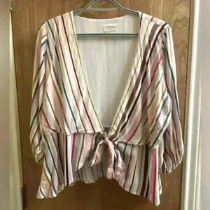 Harper Heritage Multi-colored Striped Silky Open Front Tie Top Size Medium